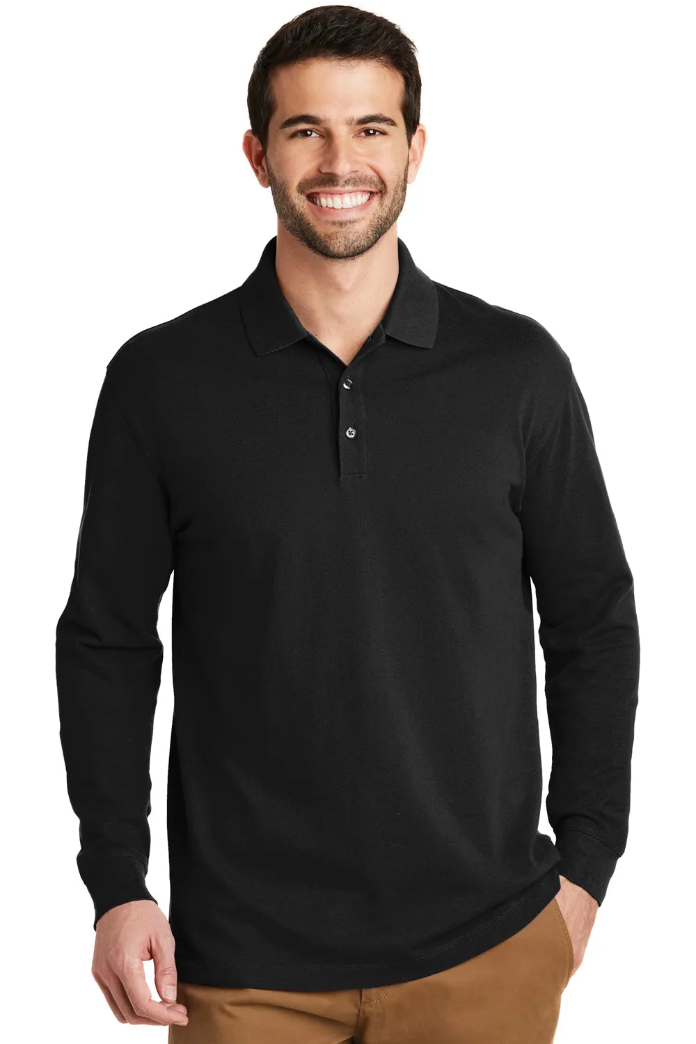 Port Authority Mens Wrinkle Resistant Long Sleeve Polo Shirt - Black