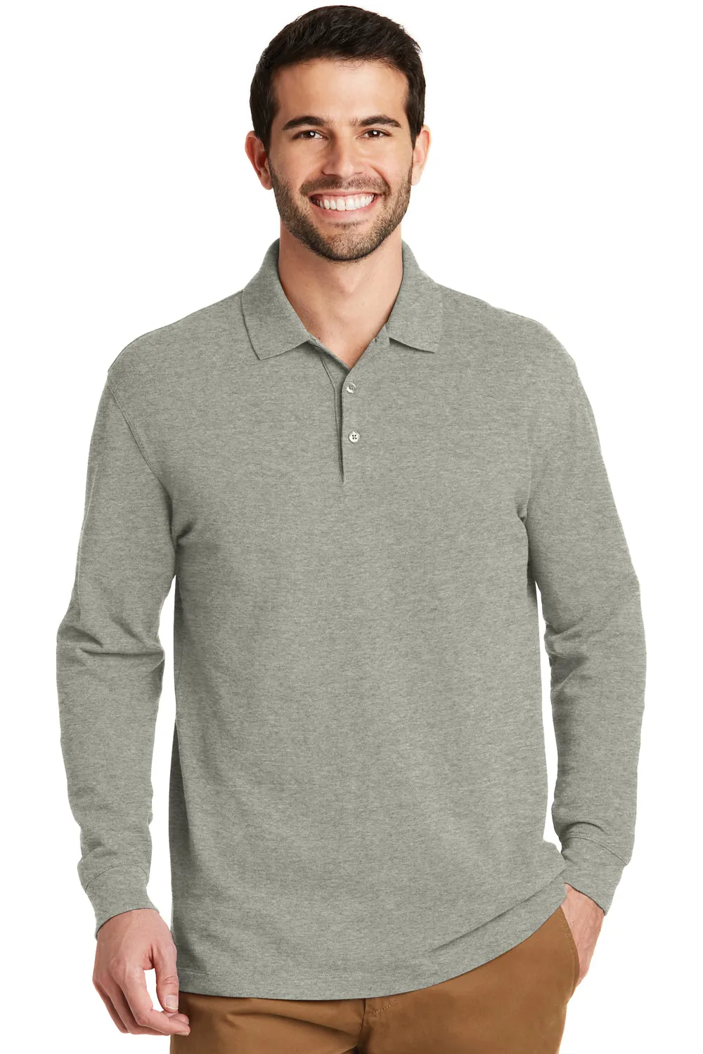 Port Authority Mens Wrinkle Resistant Long Sleeve Polo Shirt - Heather Oxford Grey