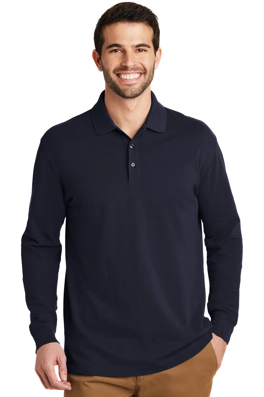 Port Authority Mens Wrinkle Resistant Long Sleeve Polo Shirt - Navy Blue