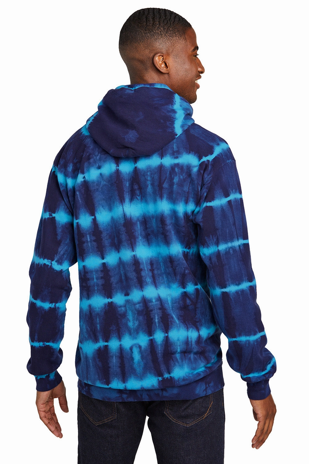 Port & Company Mens Allover Stripe Tie-Dye Fleece Hooded Sweatshirt Hoodie w/ Pouch Pocket - Turquoise Blue/Team Navy Blue
