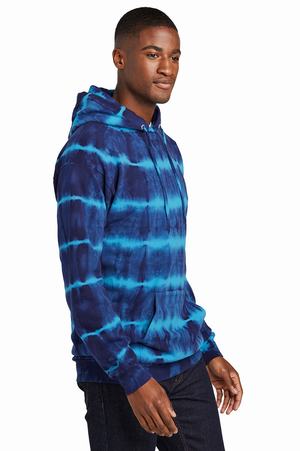 Port & Company Mens Allover Stripe Tie-Dye Fleece Hooded Sweatshirt Hoodie w/ Pouch Pocket - Turquoise Blue/Team Navy Blue