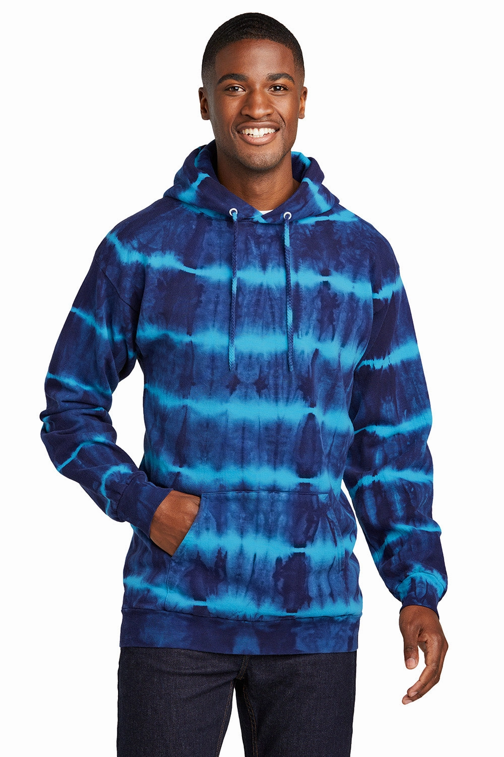Port & Company Mens Allover Stripe Tie-Dye Fleece Hooded Sweatshirt Hoodie w/ Pouch Pocket - Turquoise Blue/Team Navy Blue