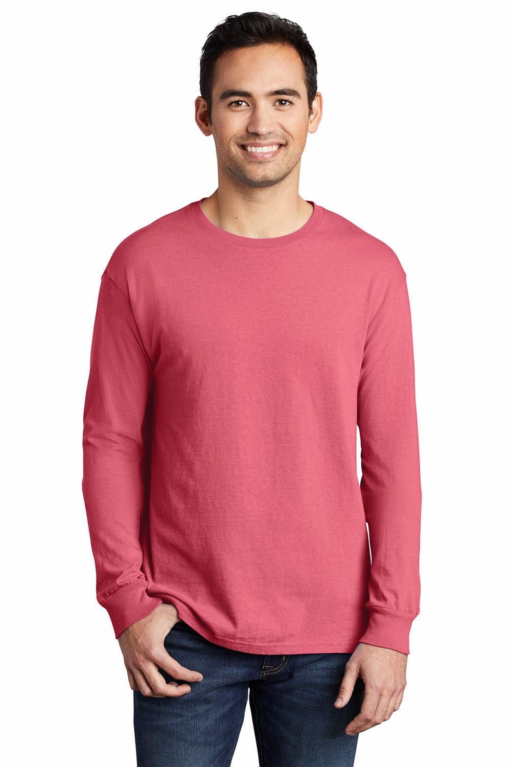 Port & Company Mens Beach Wash Long Sleeve Crewneck T-Shirt - Fruit Punch Pink