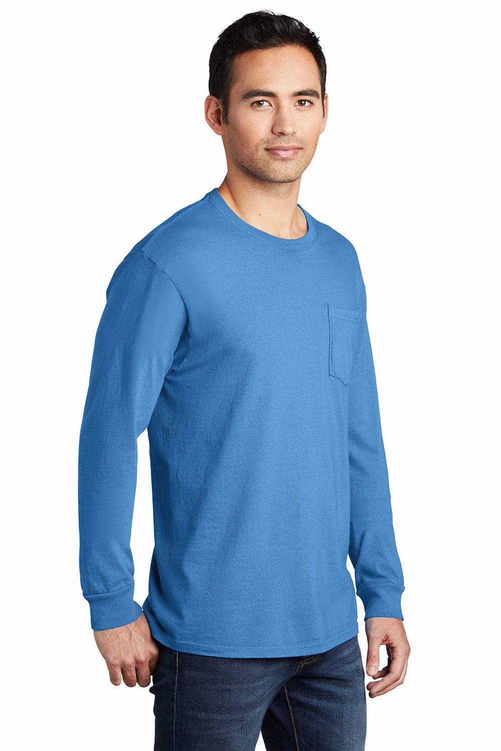 Port & Company Mens Beach Wash Long Sleeve Crewneck T-Shirt w/ Pocket - Blue Moon - Closeout