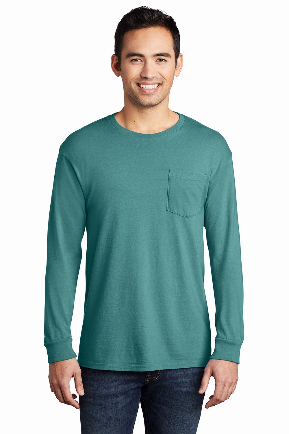 Port & Company Mens Beach Wash Long Sleeve Crewneck T-Shirt w/ Pocket - Peacock Green - Closeout