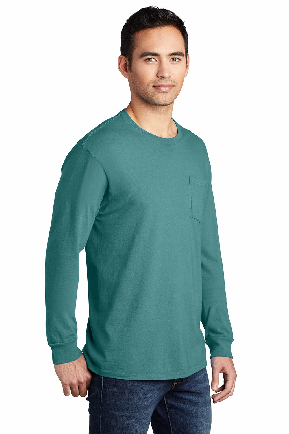 Port & Company Mens Beach Wash Long Sleeve Crewneck T-Shirt w/ Pocket - Peacock Green - Closeout