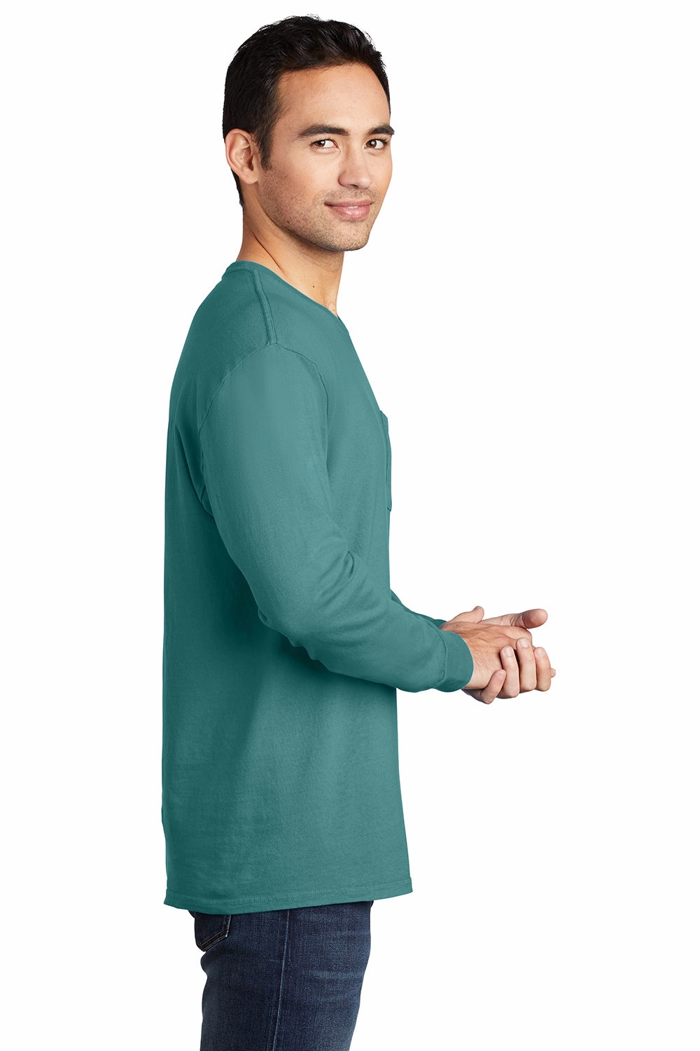 Port & Company Mens Beach Wash Long Sleeve Crewneck T-Shirt w/ Pocket - Peacock Green - Closeout