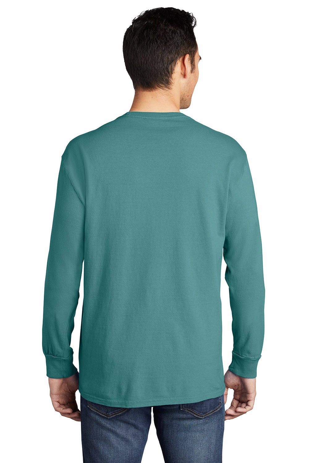 Port & Company Mens Beach Wash Long Sleeve Crewneck T-Shirt w/ Pocket - Peacock Green - Closeout