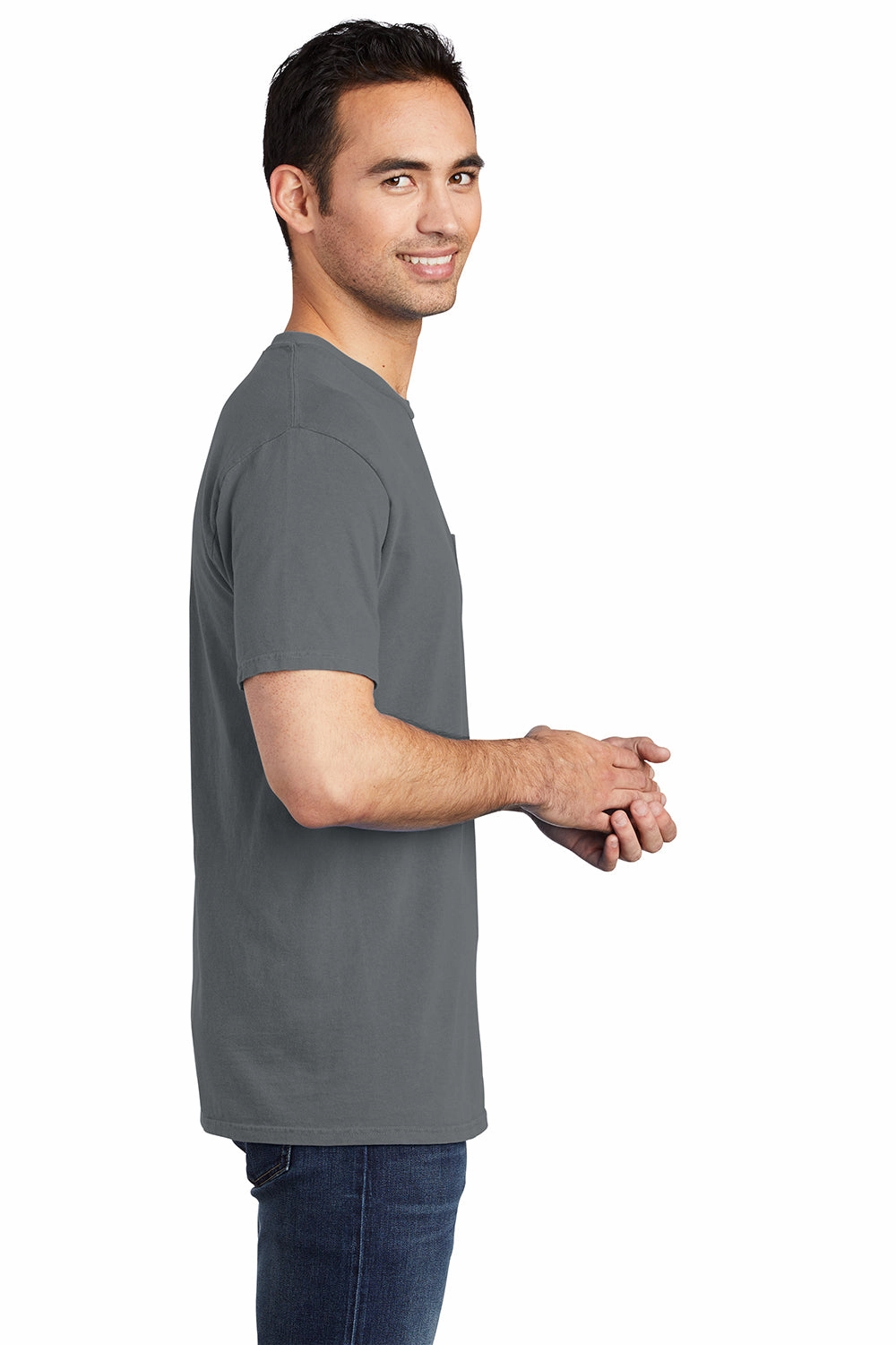 Port & Company Mens Beach Wash Short Sleeve Crewneck T-Shirt w/ Pocket - Coal Grey