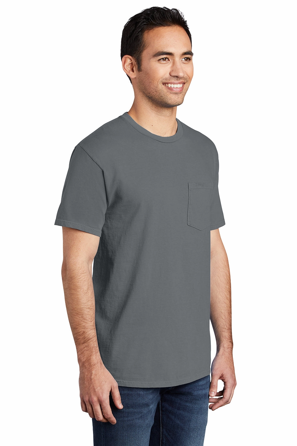 Port & Company Mens Beach Wash Short Sleeve Crewneck T-Shirt w/ Pocket - Coal Grey
