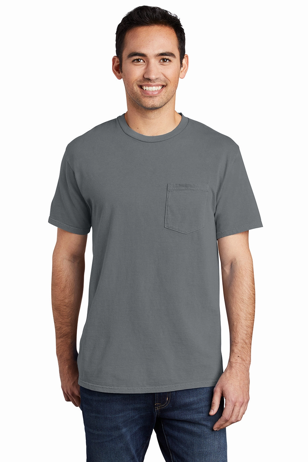 Port & Company Mens Beach Wash Short Sleeve Crewneck T-Shirt w/ Pocket - Coal Grey