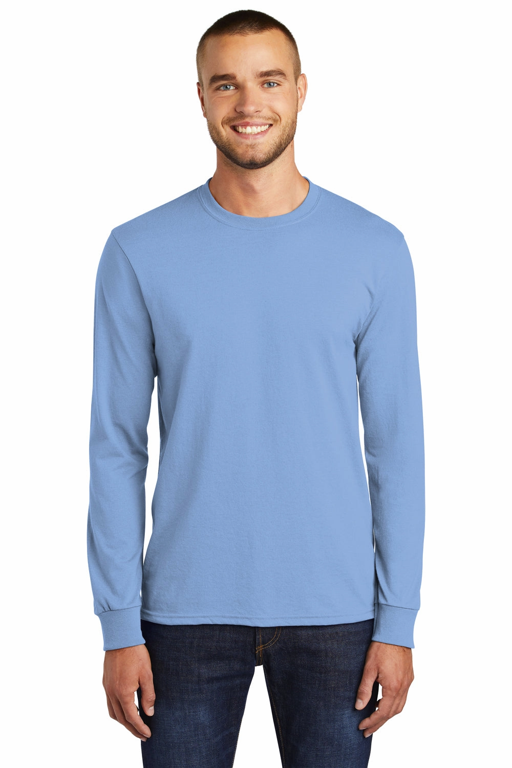 Port & Company Mens Core Long Sleeve Crewneck T-Shirt - Light Blue