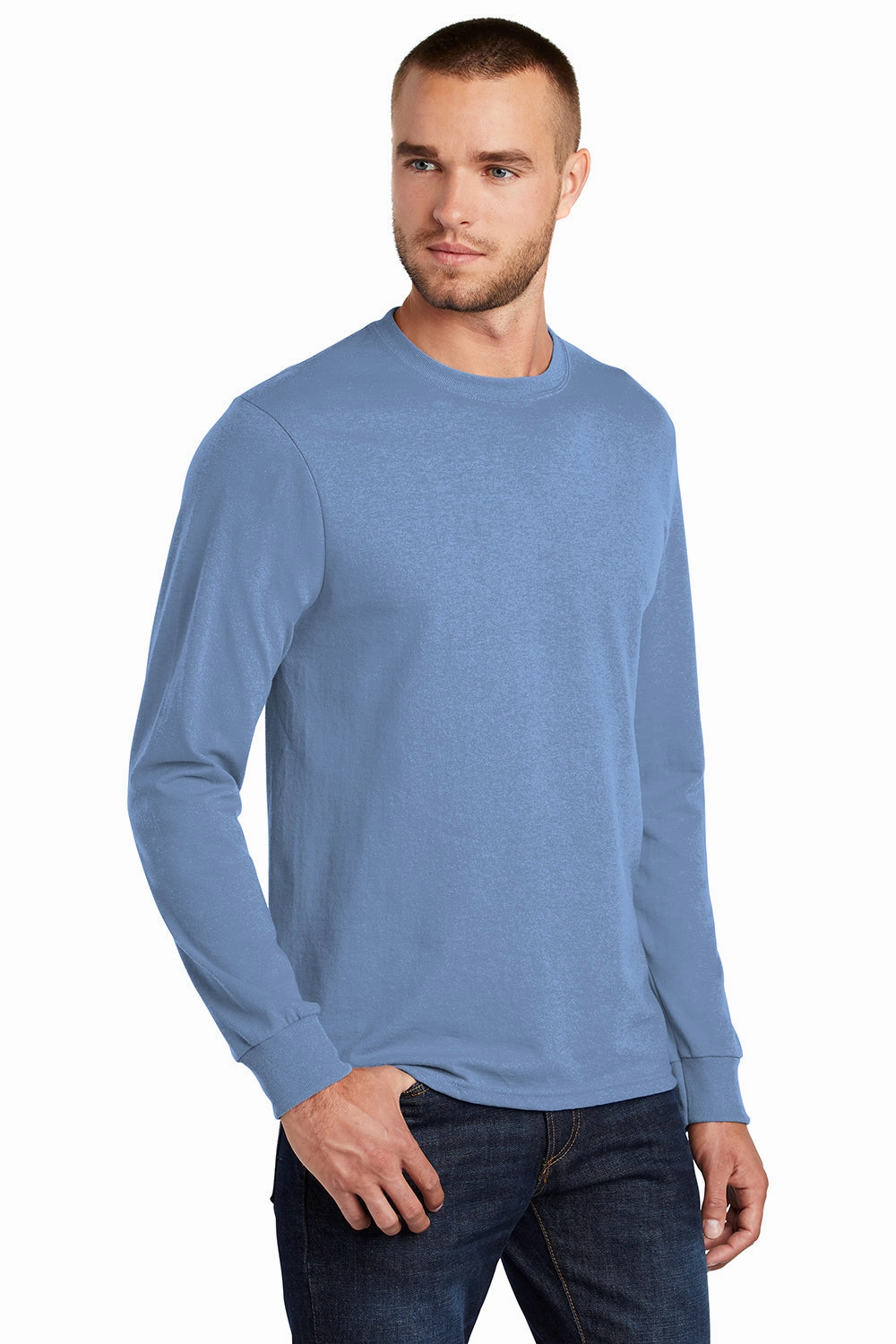 Port & Company Mens Core Long Sleeve Crewneck T-Shirt - Light Blue