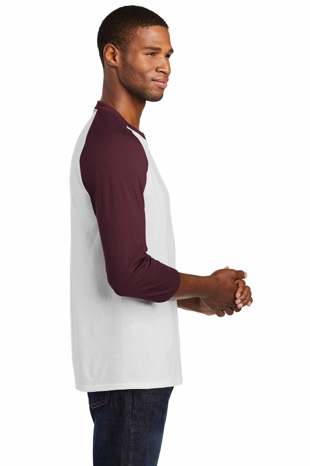 Port & Company Mens Core Moisture Wicking 3/4 Sleeve Crewneck T-Shirt - White/Athletic Maroon - Closeout