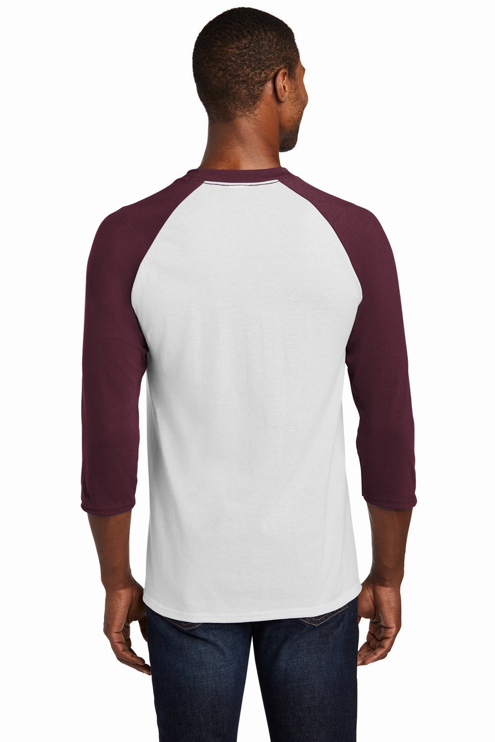 Port & Company Mens Core Moisture Wicking 3/4 Sleeve Crewneck T-Shirt - White/Athletic Maroon - Closeout