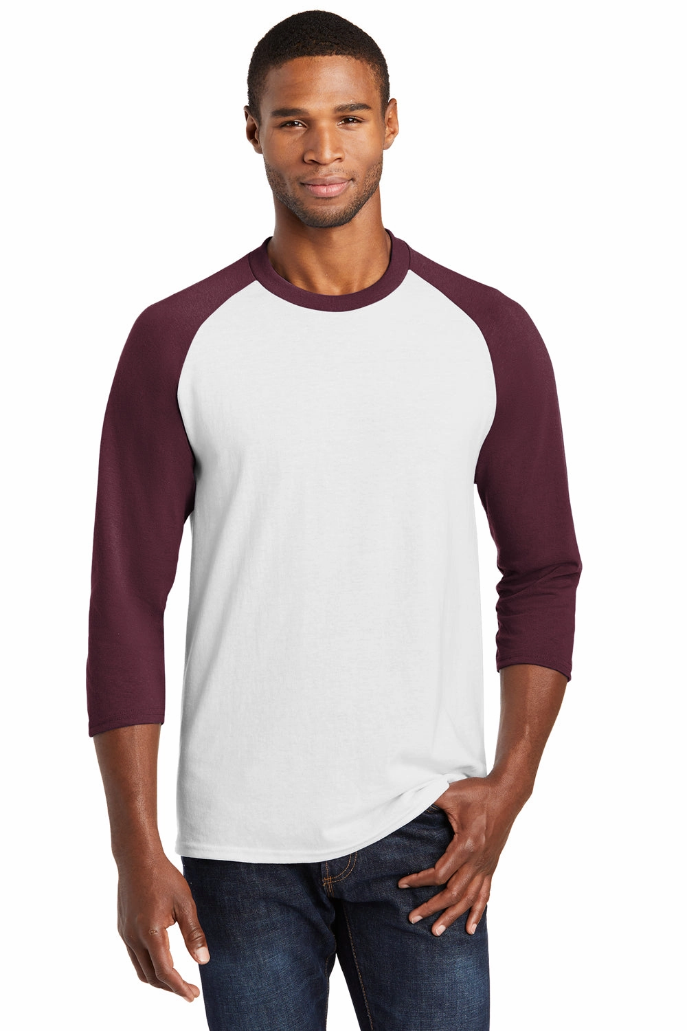 Port & Company Mens Core Moisture Wicking 3/4 Sleeve Crewneck T-Shirt - White/Athletic Maroon - Closeout