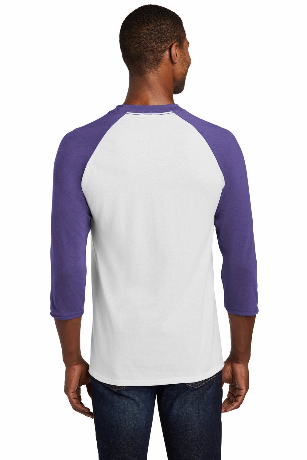 Port & Company Mens Core Moisture Wicking 3/4 Sleeve Crewneck T-Shirt - White/Purple - Closeout