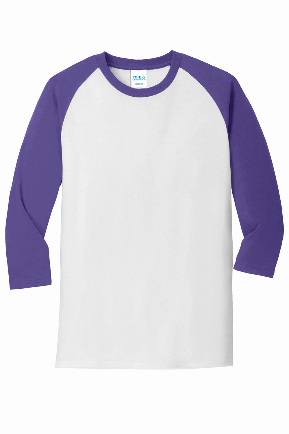 Port & Company Mens Core Moisture Wicking 3/4 Sleeve Crewneck T-Shirt - White/Purple - Closeout