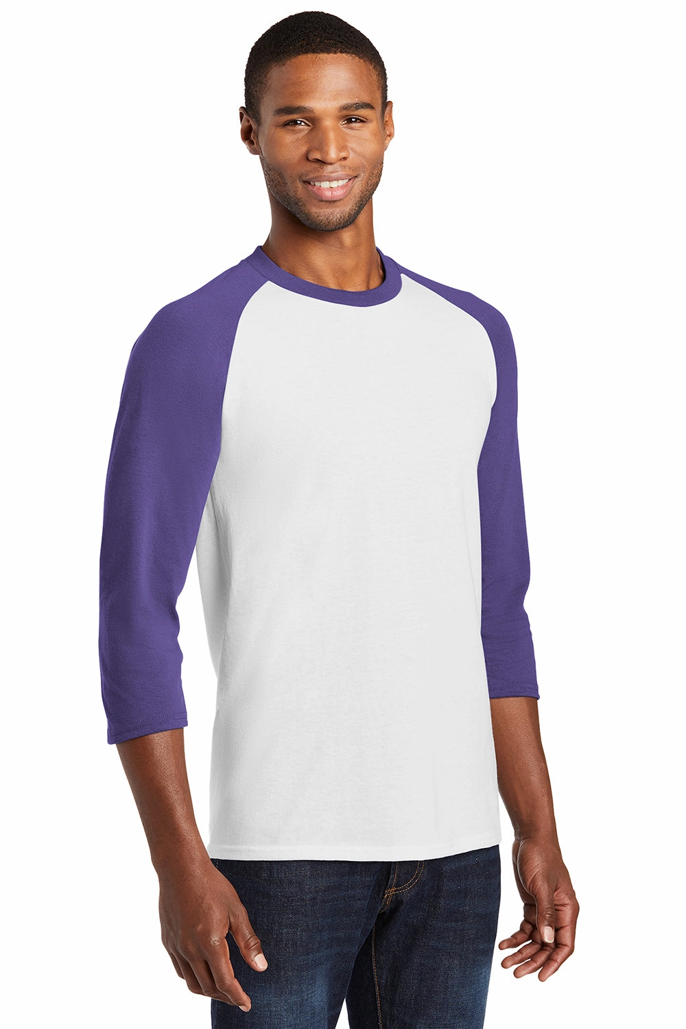 Port & Company Mens Core Moisture Wicking 3/4 Sleeve Crewneck T-Shirt - White/Purple - Closeout