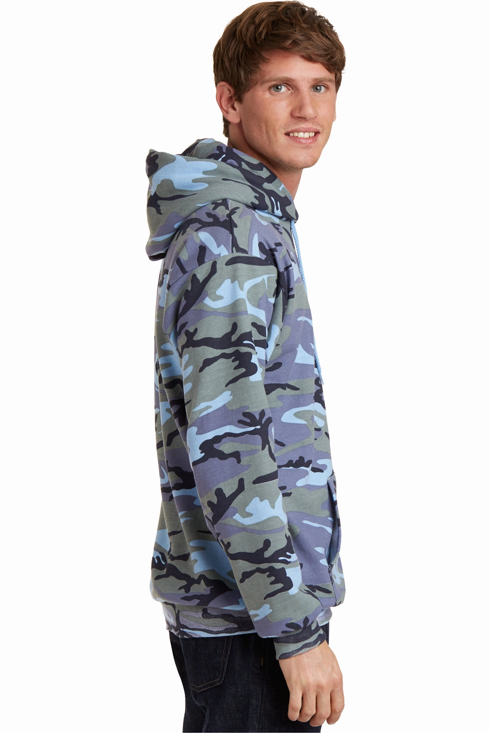 Port & Company Mens Core Pill Resistant Fleece Hooded Sweatshirt Hoodie w/ Pouch Pocket - Woodland Blue Camo