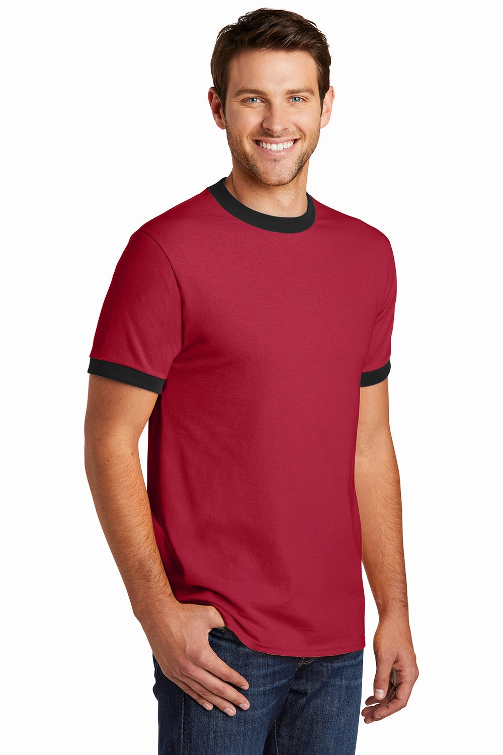 Port & Company Mens Core Ringer Short Sleeve Crewneck T-Shirt - Red/Jet Black