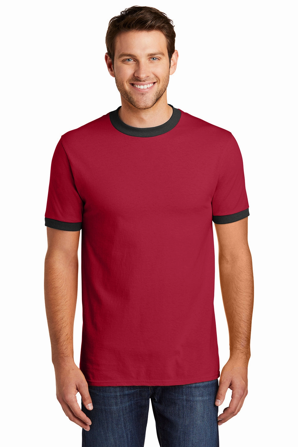 Port & Company Mens Core Ringer Short Sleeve Crewneck T-Shirt - Red/Jet Black