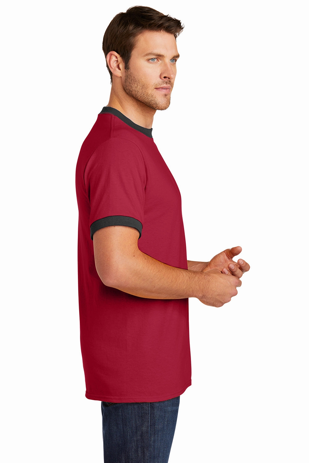Port & Company Mens Core Ringer Short Sleeve Crewneck T-Shirt - Red/Jet Black