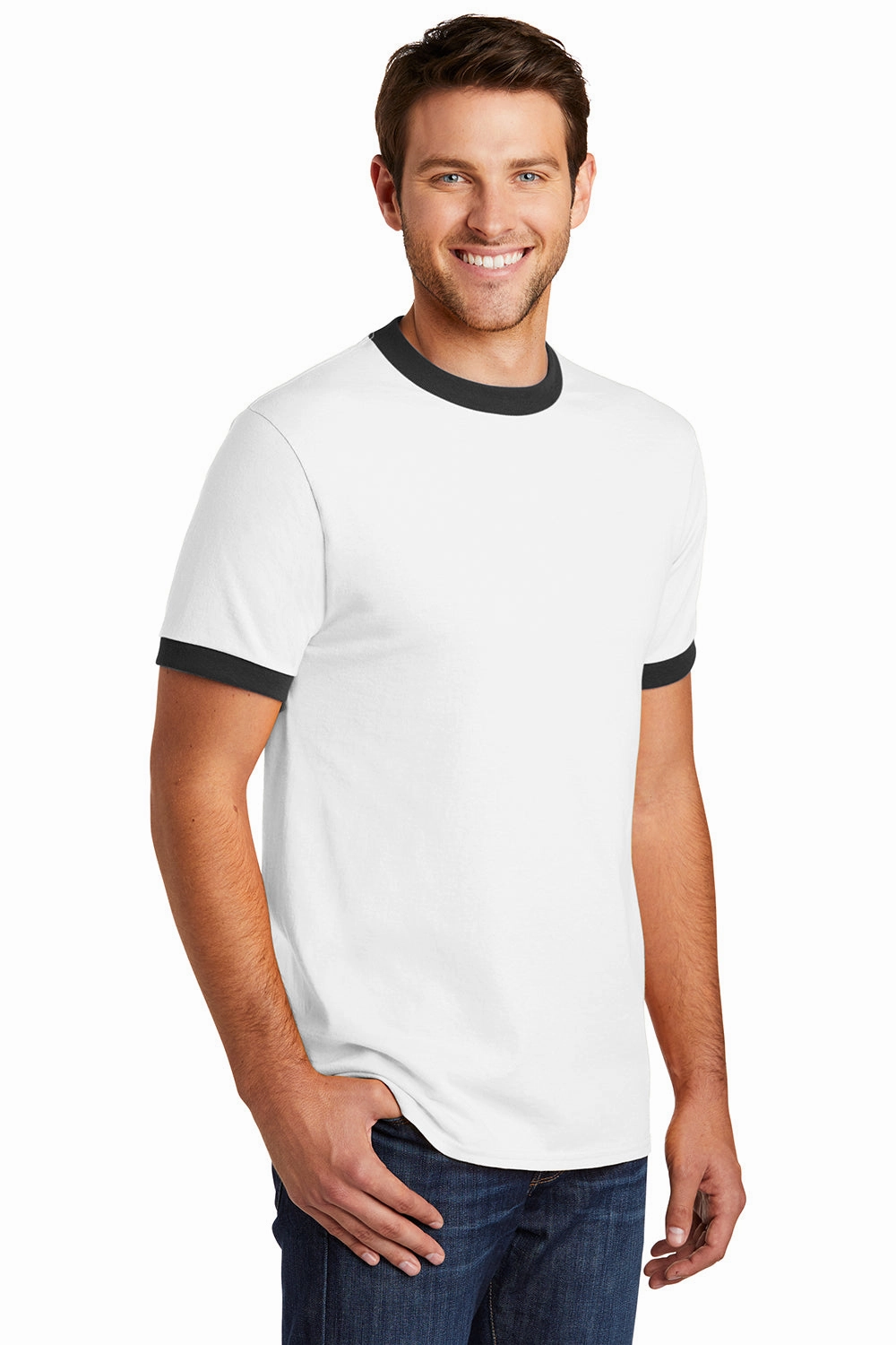 Port & Company Mens Core Ringer Short Sleeve Crewneck T-Shirt - White/Jet Black