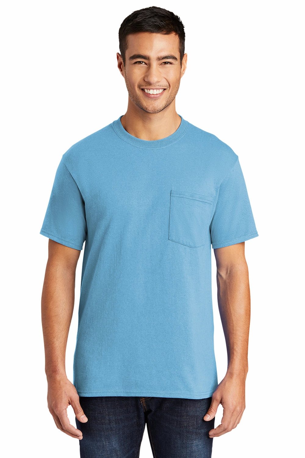 Port & Company Mens Core Short Sleeve Crewneck T-Shirt w/ Pocket - Aquatic Blue