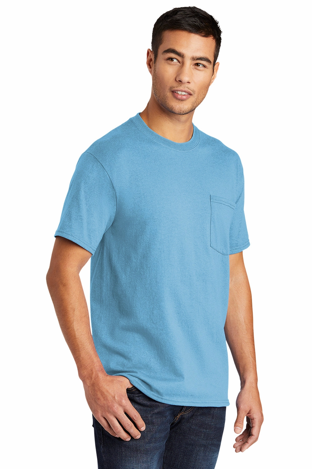 Port & Company Mens Core Short Sleeve Crewneck T-Shirt w/ Pocket - Aquatic Blue