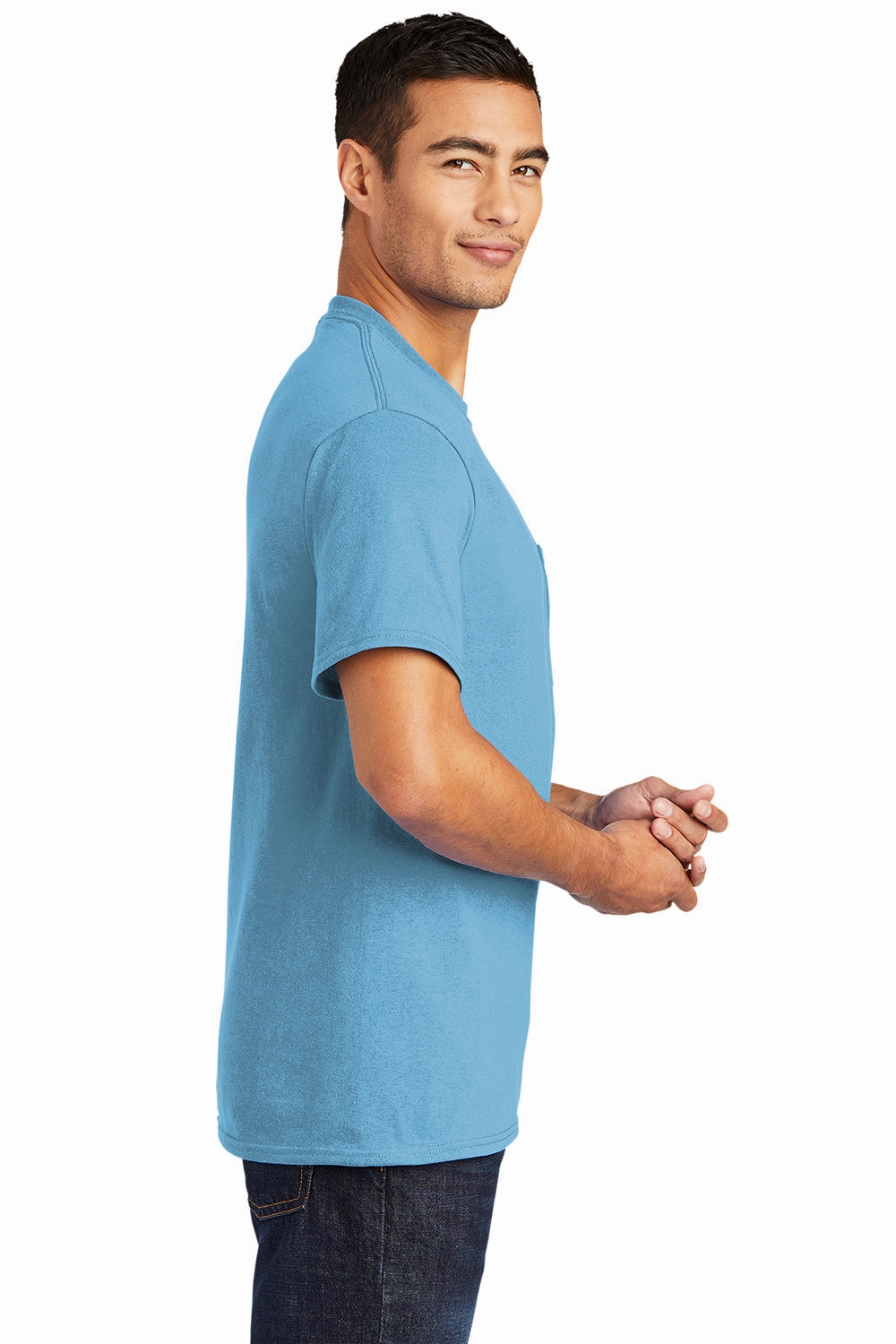 Port & Company Mens Core Short Sleeve Crewneck T-Shirt w/ Pocket - Aquatic Blue