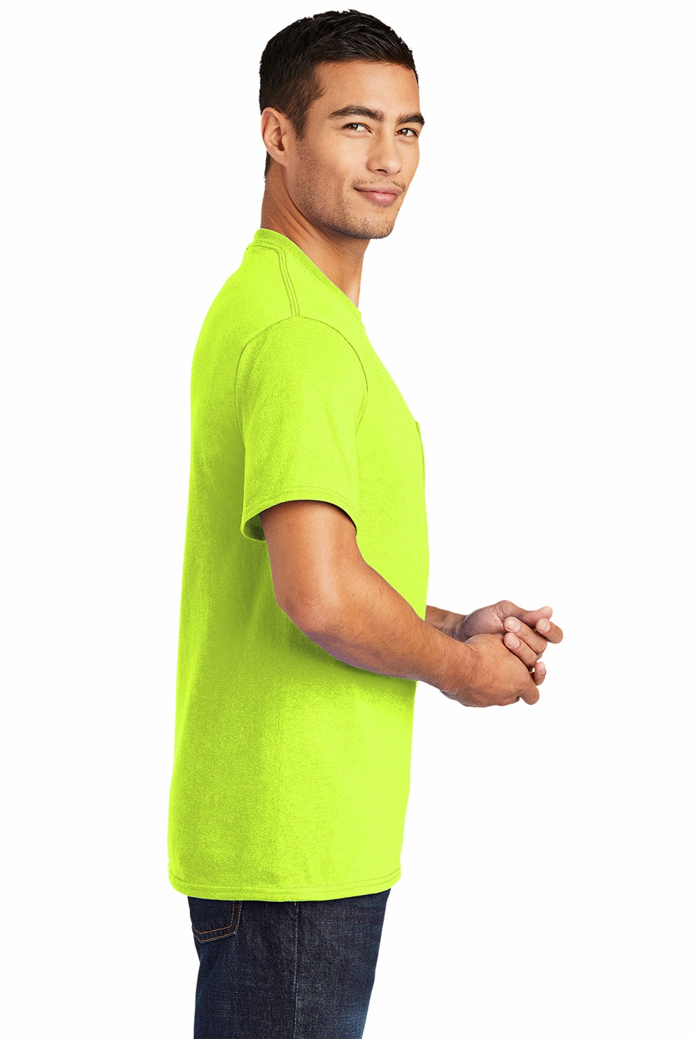 Port & Company Mens Core Short Sleeve Crewneck T-Shirt w/ Pocket - Safety Green