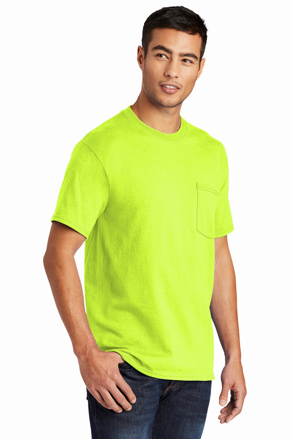 Port & Company Mens Core Short Sleeve Crewneck T-Shirt w/ Pocket - Safety Green
