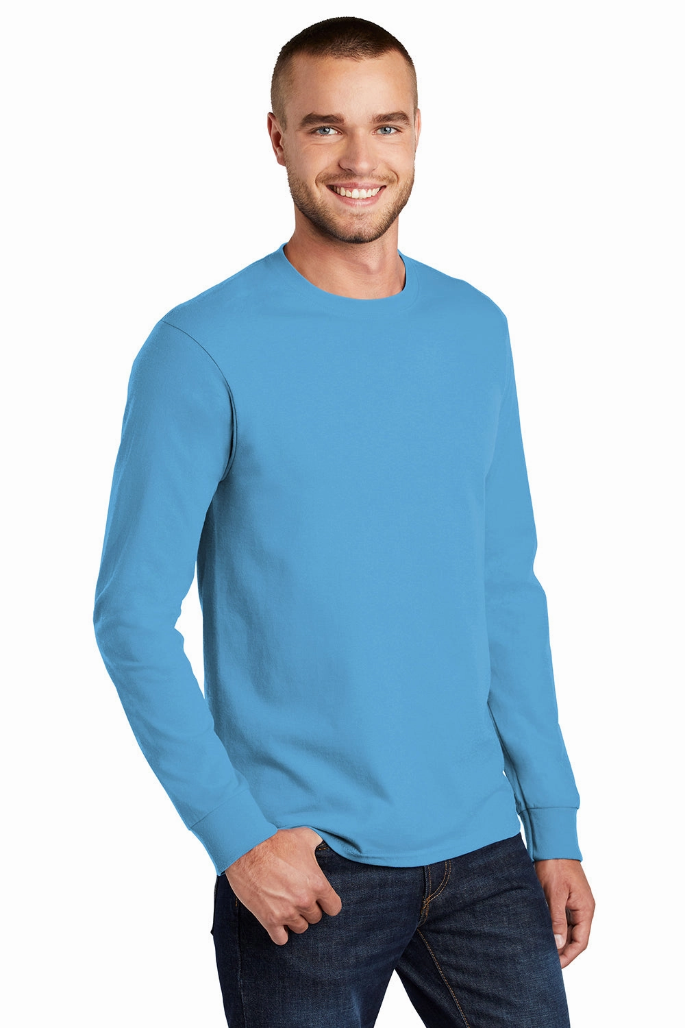 Port & Company Mens Essential Long Sleeve Crewneck T-Shirt - Aquatic Blue