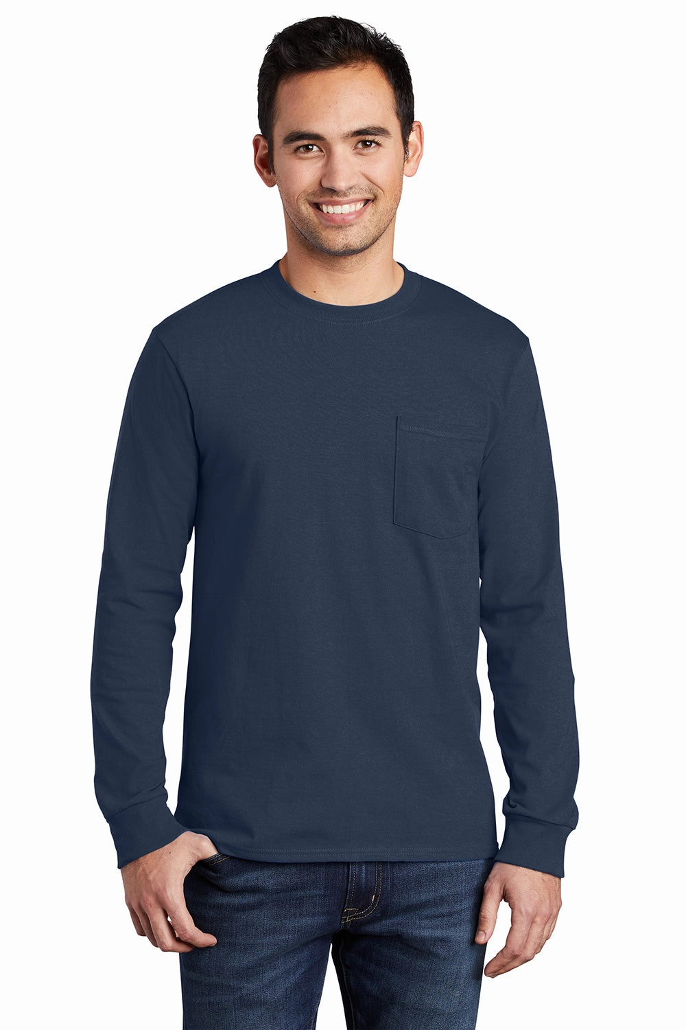Port & Company Mens Essential Long Sleeve Crewneck T-Shirt w/ Pocket - Navy Blue