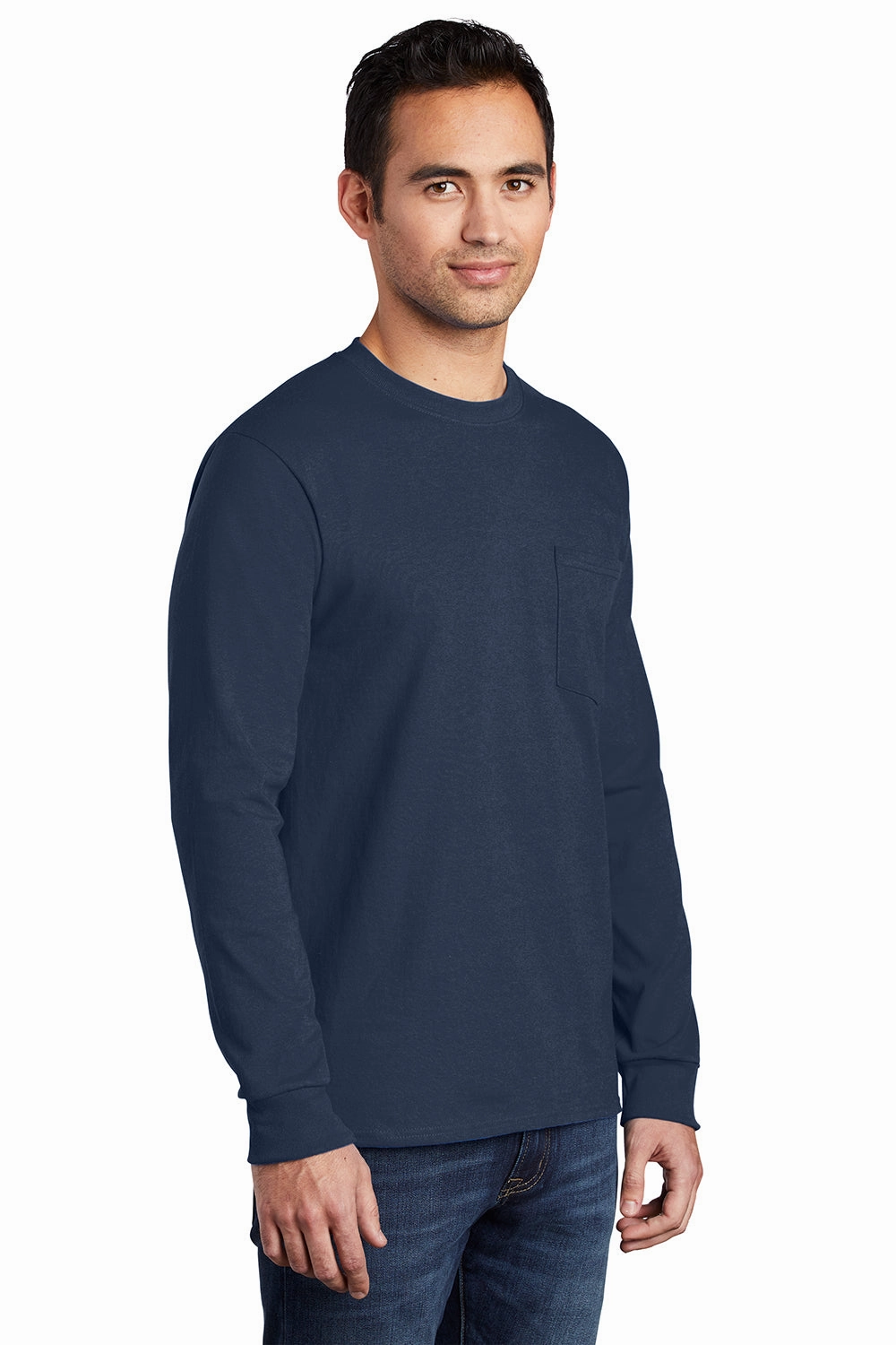 Port & Company Mens Essential Long Sleeve Crewneck T-Shirt w/ Pocket - Navy Blue