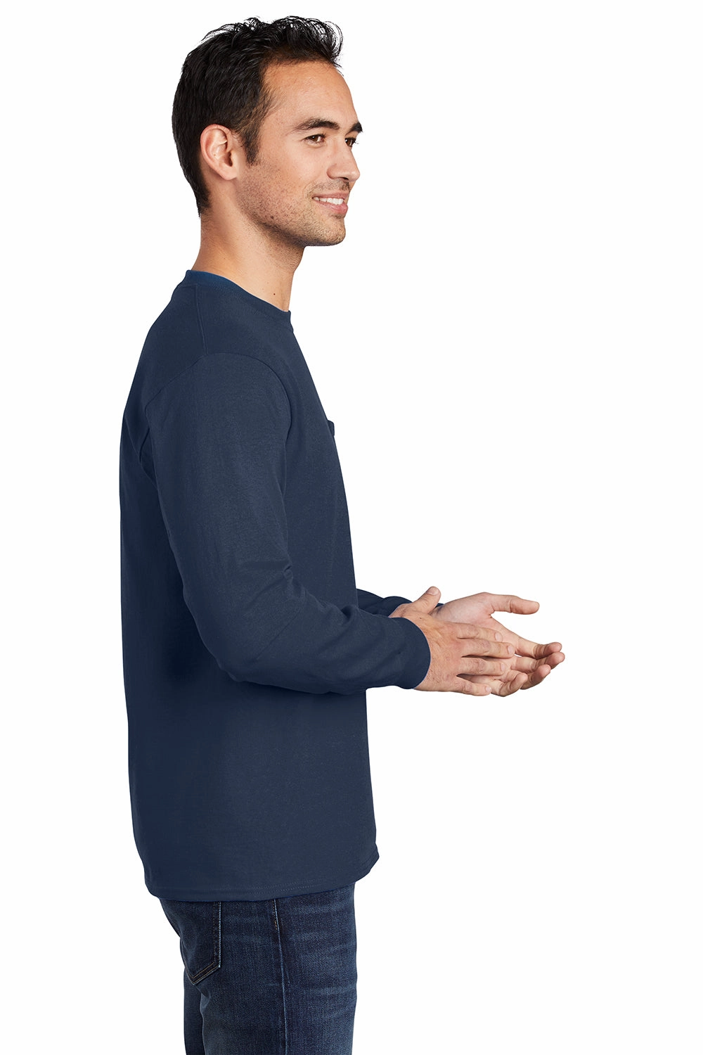 Port & Company Mens Essential Long Sleeve Crewneck T-Shirt w/ Pocket - Navy Blue