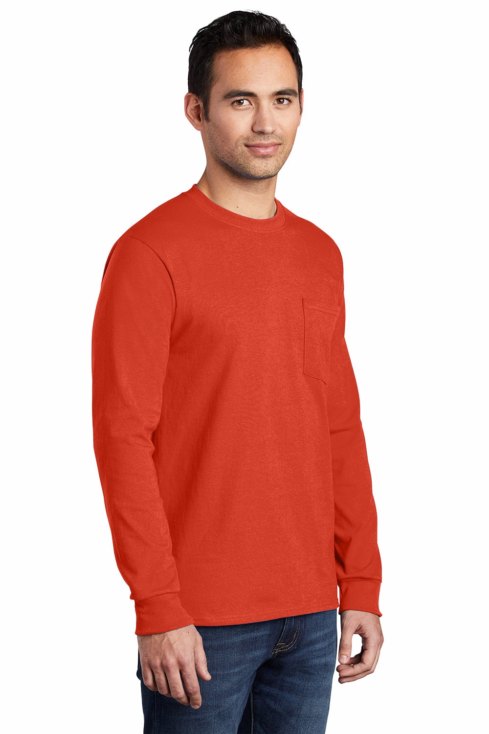Port & Company Mens Essential Long Sleeve Crewneck T-Shirt w/ Pocket - Orange