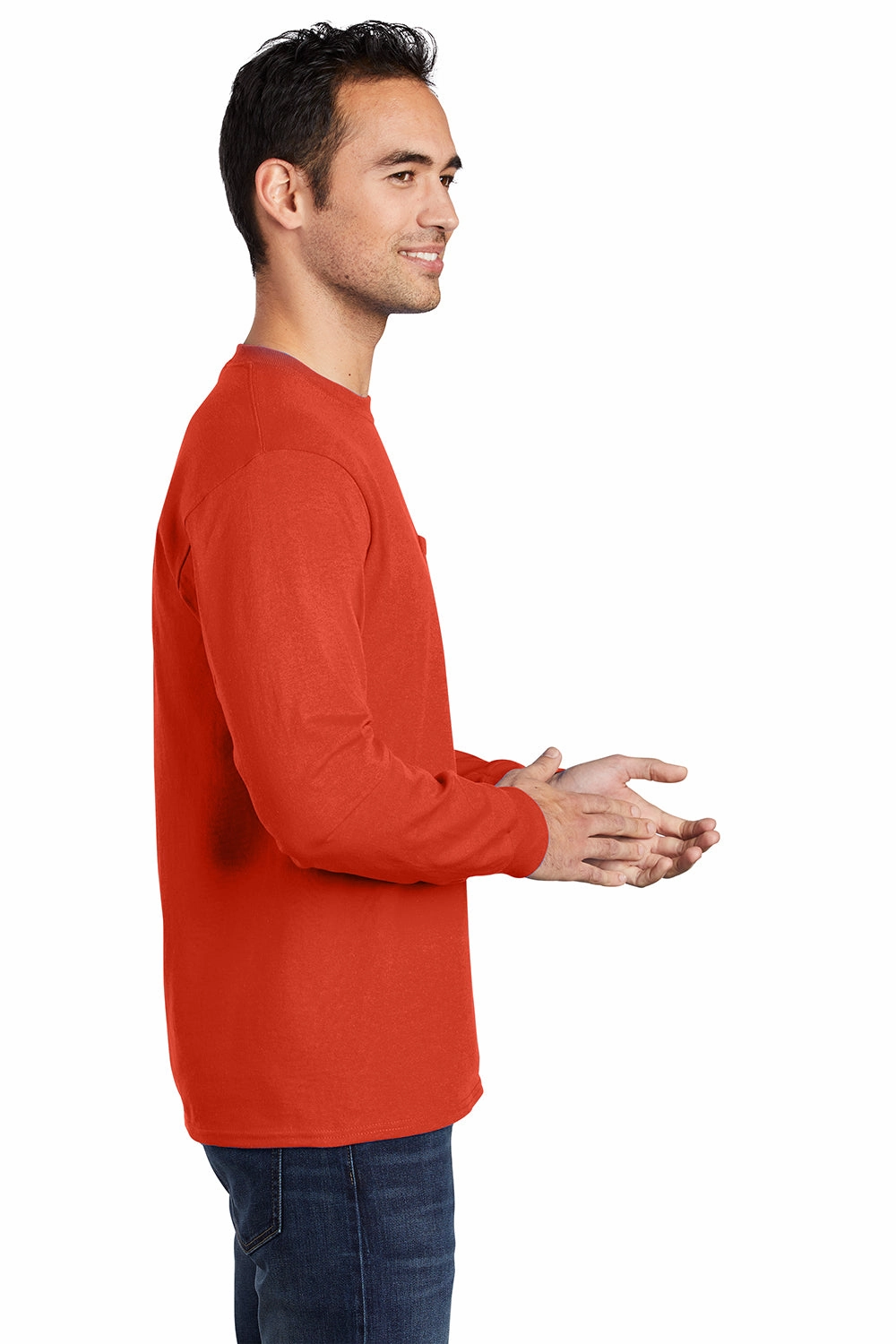 Port & Company Mens Essential Long Sleeve Crewneck T-Shirt w/ Pocket - Orange