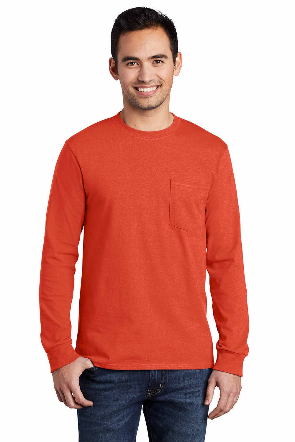 Port & Company Mens Essential Long Sleeve Crewneck T-Shirt w/ Pocket - Orange