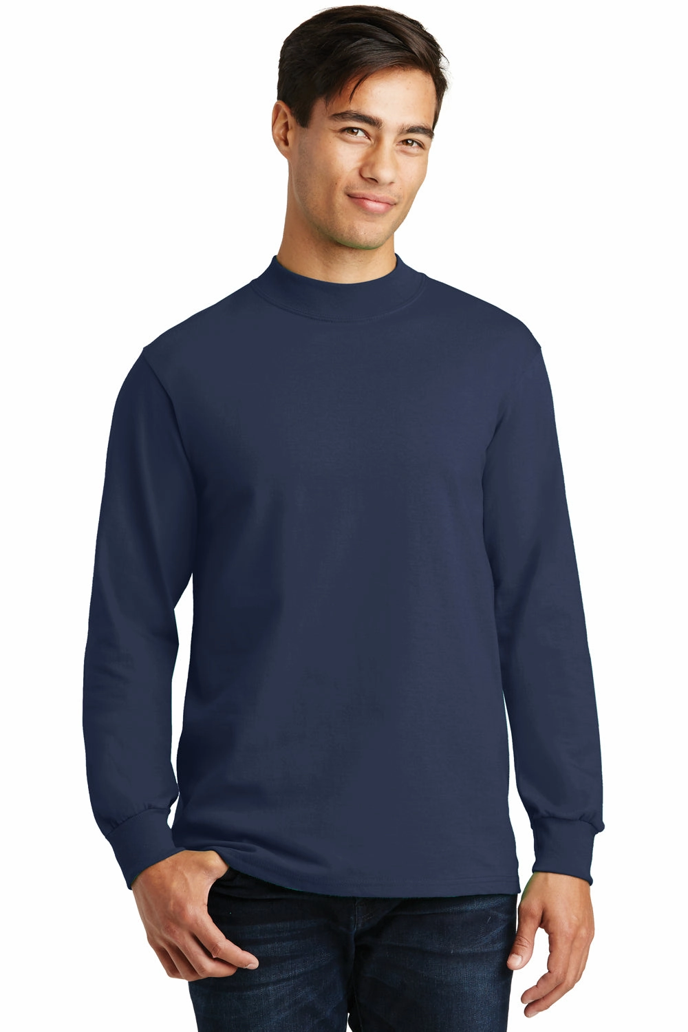 Port & Company Mens Essential Long Sleeve Mock Neck T-Shirt - Navy Blue