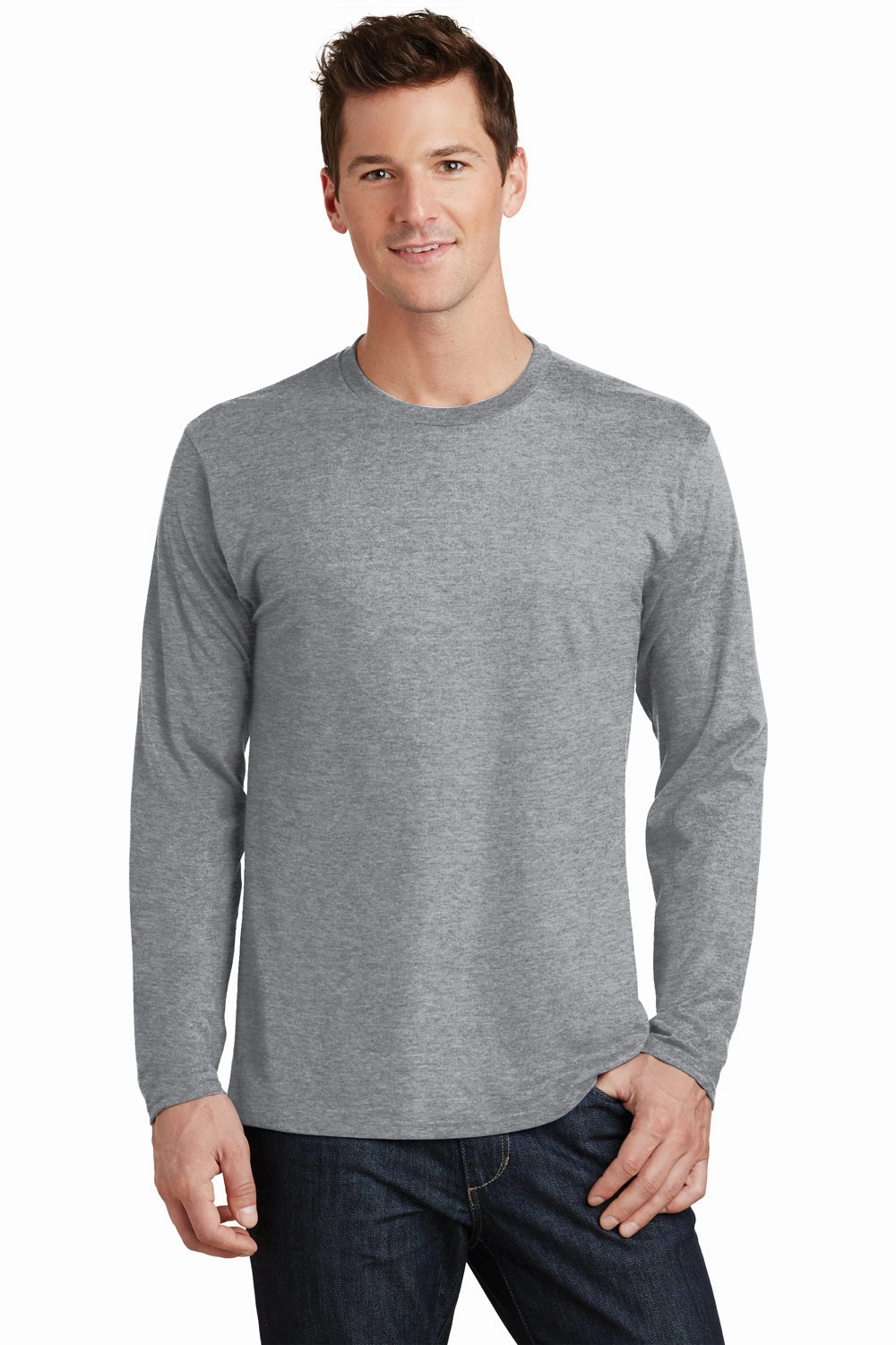 Port & Company Mens Fan Favorite Long Sleeve Crewneck T-Shirt - Heather Grey