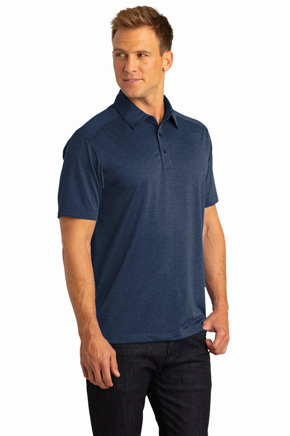 Port Authority Mens Digi Heather Performance Moisture Wicking Short Sleeve Polo Shirt - Dress Navy Blue