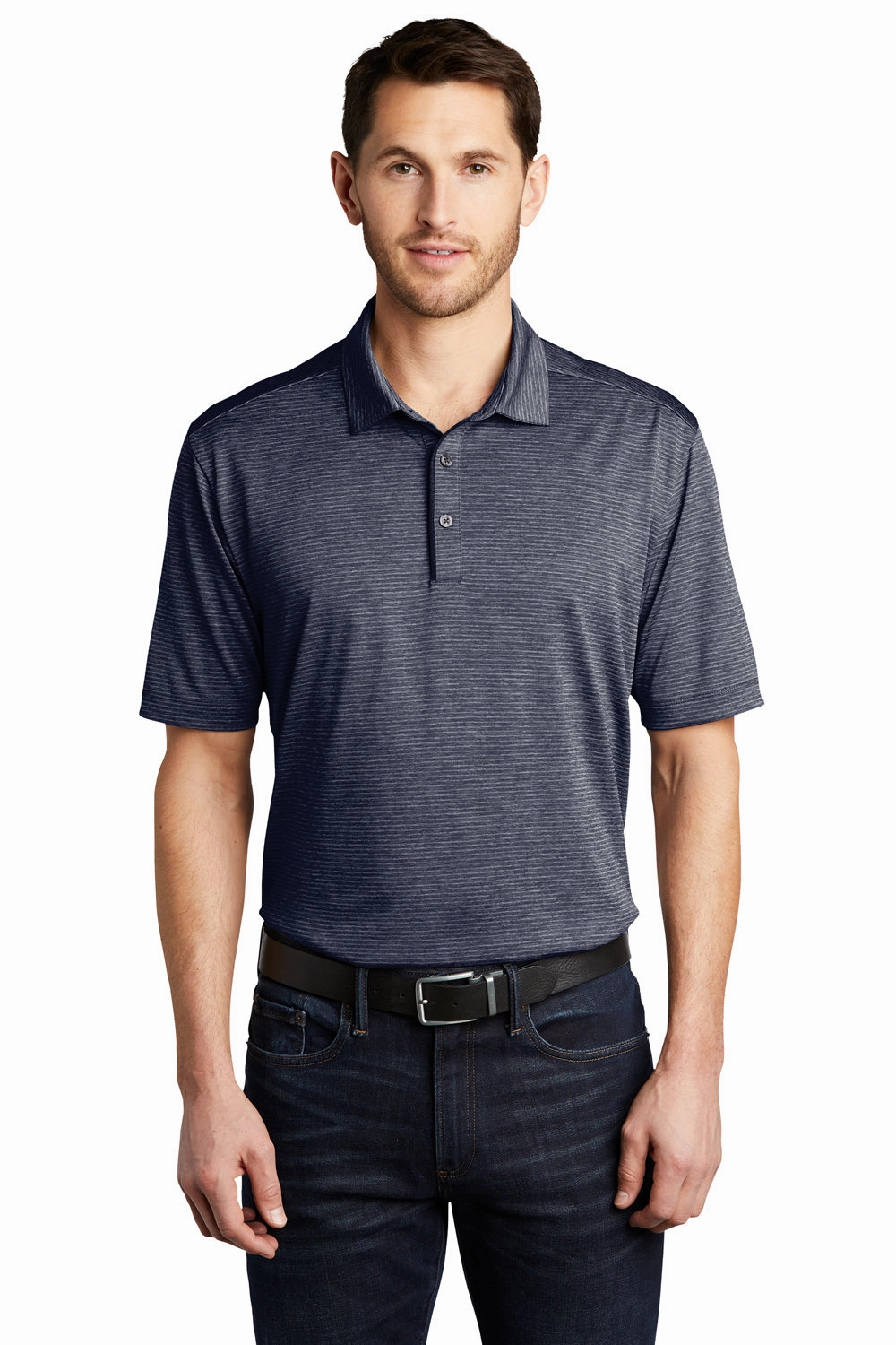 Port Authority Mens Shadow Stripe Moisture Wicking Short Sleeve Polo Shirt - River Navy Blue