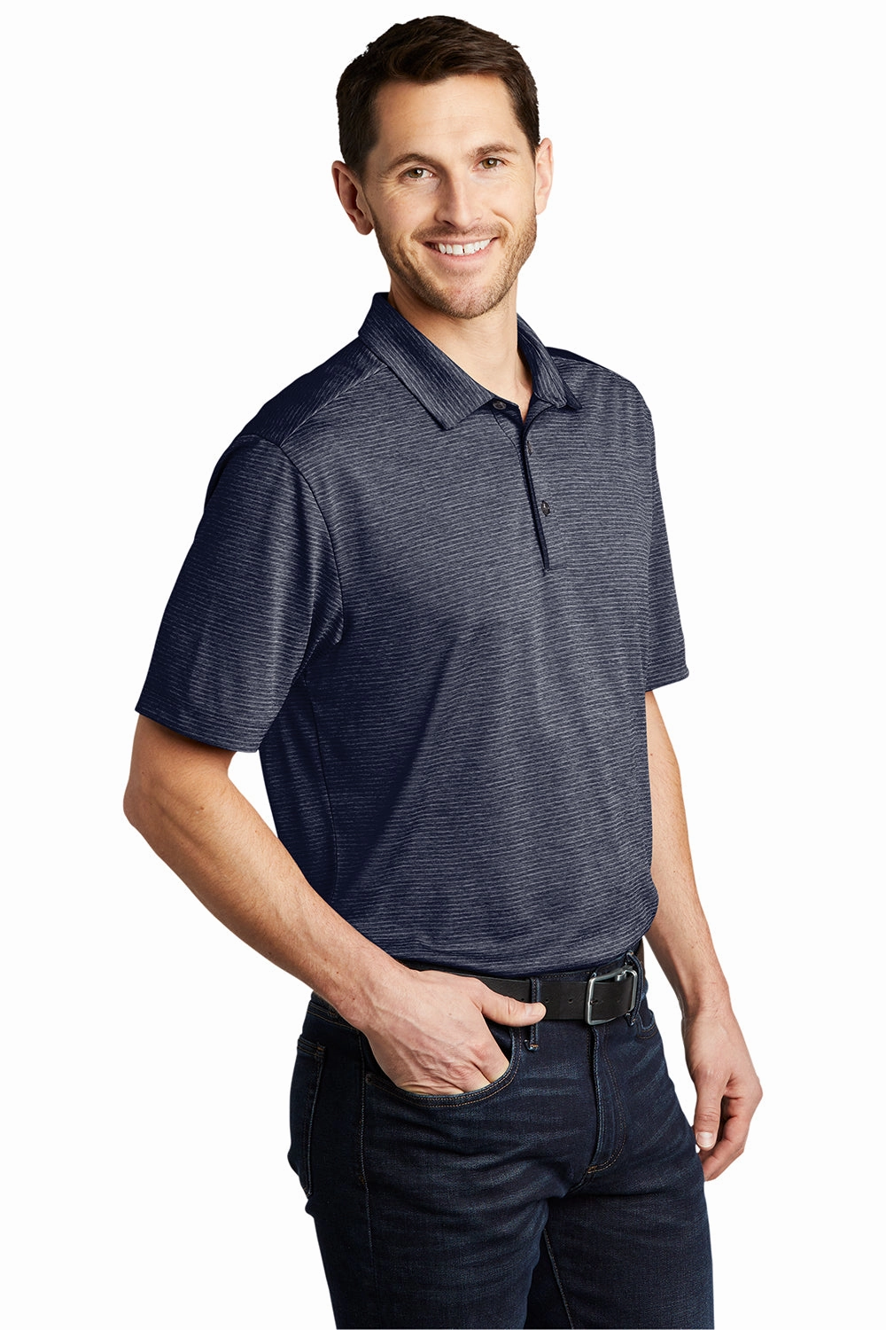 Port Authority Mens Shadow Stripe Moisture Wicking Short Sleeve Polo Shirt - River Navy Blue