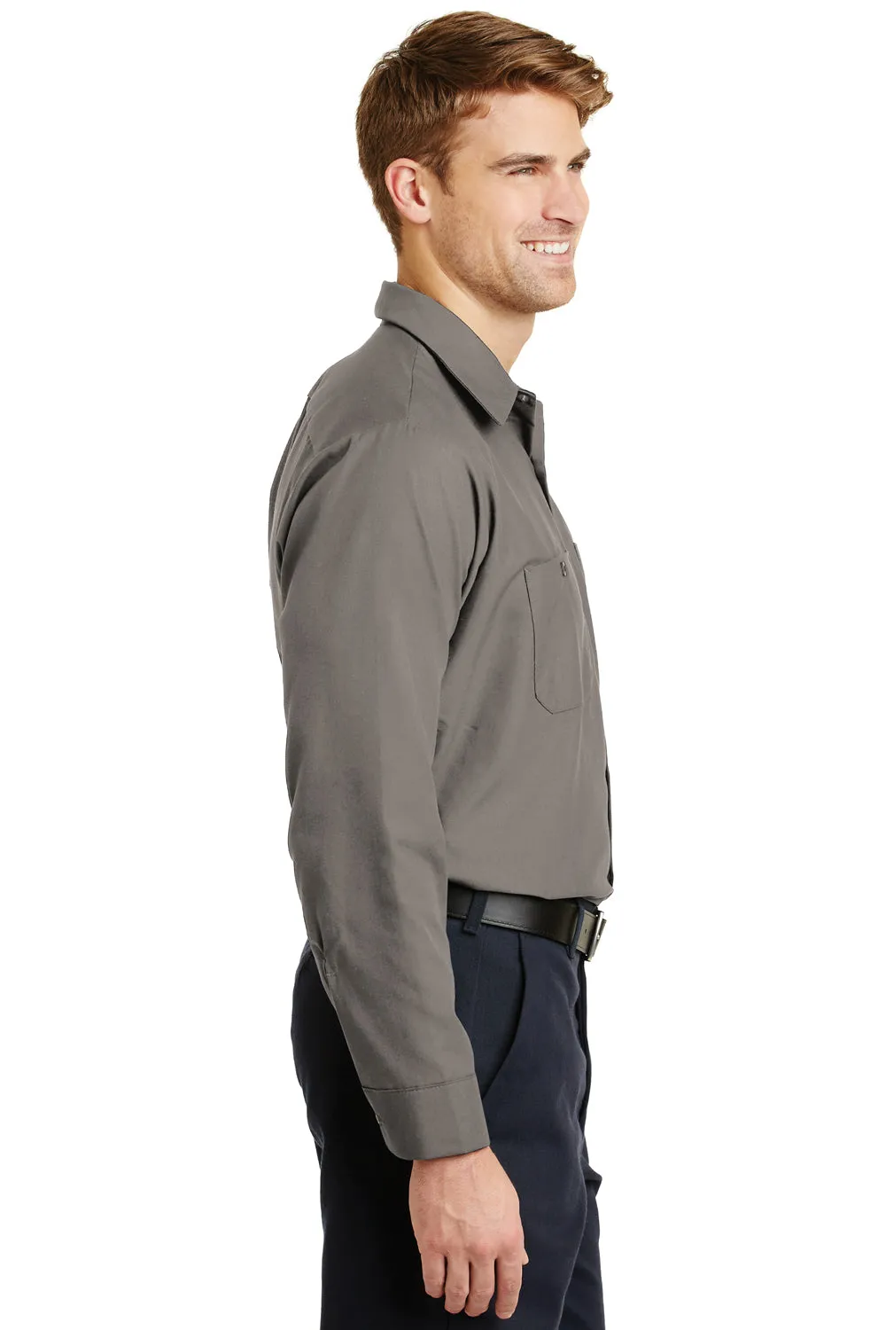 Red Kap Mens Industrial Moisture Wicking Long Sleeve Button Down Shirt w/ Double Pockets - Grey