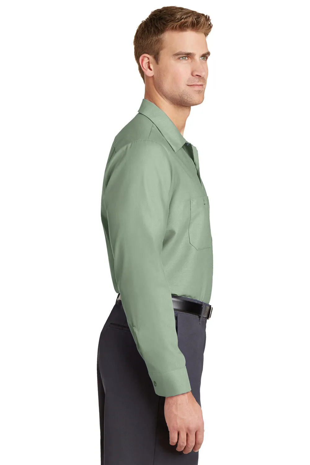Red Kap Mens Industrial Moisture Wicking Long Sleeve Button Down Shirt w/ Double Pockets - Light Green