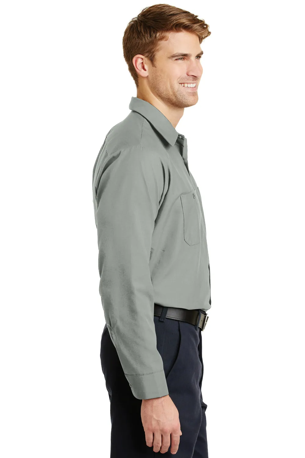 Red Kap Mens Industrial Moisture Wicking Long Sleeve Button Down Shirt w/ Double Pockets - Light Grey