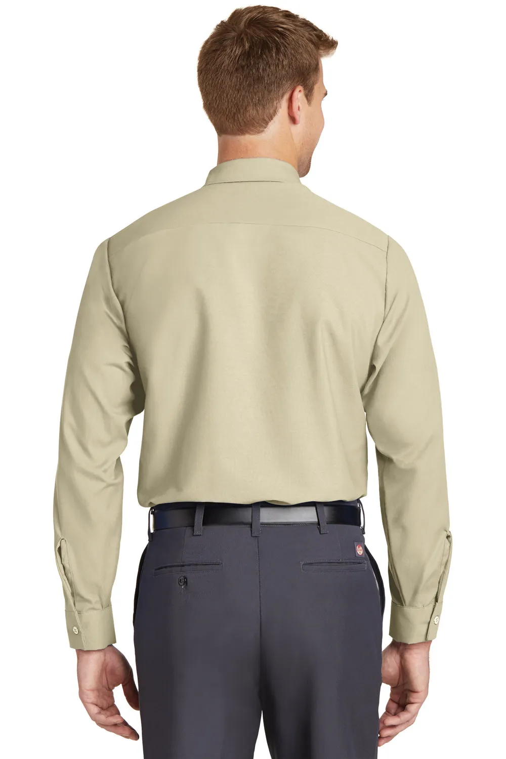 Red Kap Mens Industrial Moisture Wicking Long Sleeve Button Down Shirt w/ Double Pockets - Light Tan