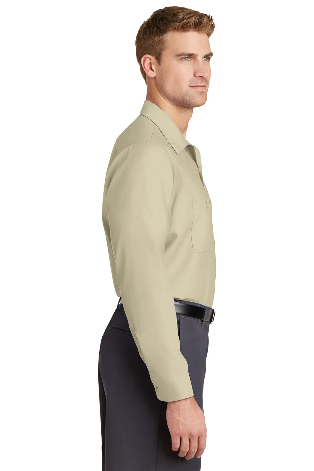 Red Kap Mens Industrial Moisture Wicking Long Sleeve Button Down Shirt w/ Double Pockets - Light Tan